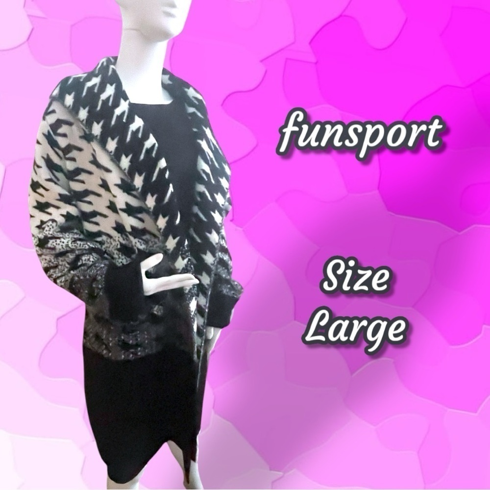 Funsport Houndstooth Open Front Cardigan Jacket Large Cozy Long Coatigan